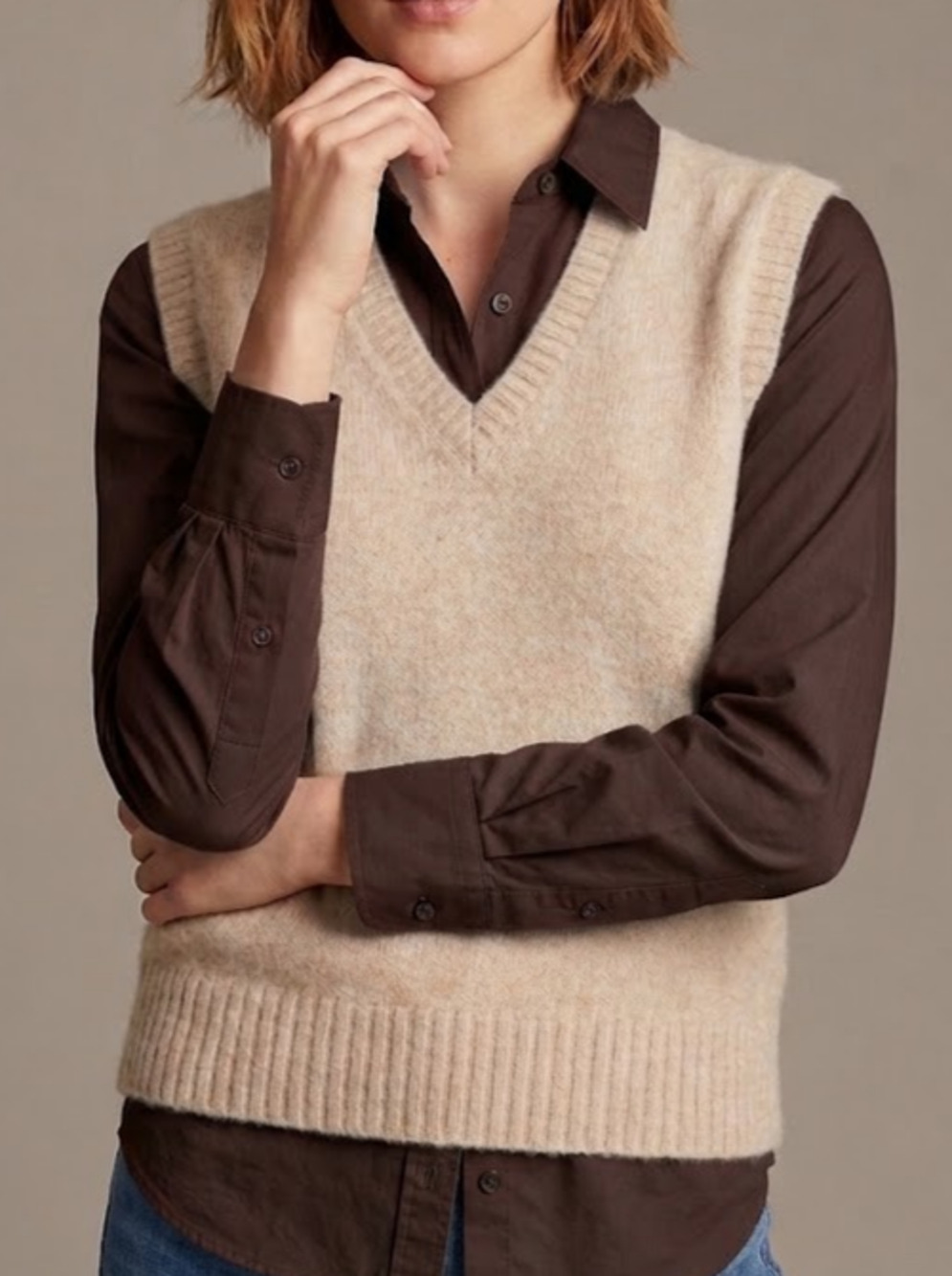 J. CREW Extra Soft V-Neck Sweater Vest Womens XS Beige Tan Knit Pullover Preppy